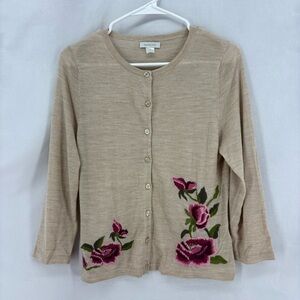 Garnet Hill Merino Wool Beige Embroidered Floral Button Cardigan Sweater Small